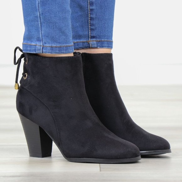 Black Pointed Toe Low Heel Ankle Boots Back Laces Booties Faux Suede - Picture 2 of 15